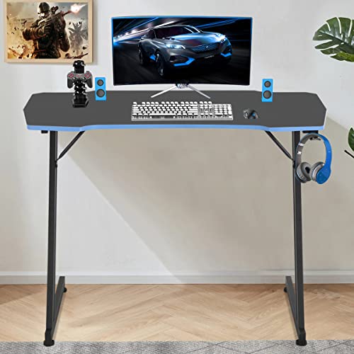 BLKMTY 47 Inch Gaming Desk Z-Shaped Computer Desk with Headphone Hook, Modern Gamer Desk Table for Home Office Dorm Sturdy Writing Workstation, Carbon Fiber Black, Blue - color: Blue, size: 47.28" Z-shaped