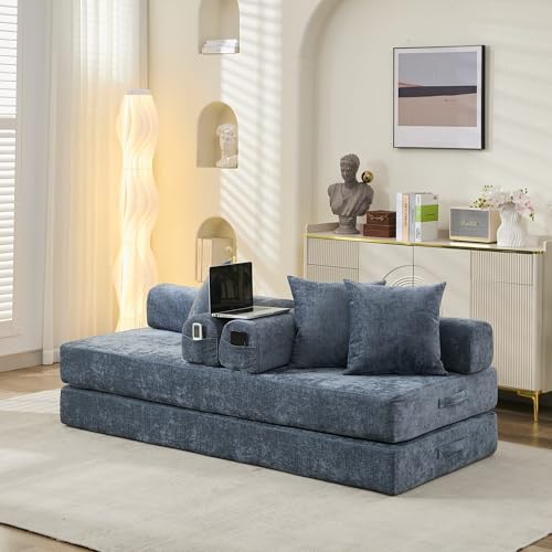 Convertible Folding Sofa Bed Modular Floor Couch, 78.8‘’ Cloud Sleeper Sofa with Removable Backrest, Chenille Foldable Mattress Couch, Lazy Loveseat for Small Space, Apartment, Bedroom, Blue - color: #3-blue