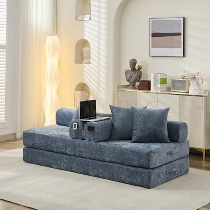 Convertible Folding Sofa Bed Modular Floor Couch, 78.8‘’ Cloud Sleeper Sofa with Removable Backrest, Chenille Foldable Mattress Couch, Lazy Loveseat for Small Space, Apartment, Bedroom, Blue - color: #3-blue