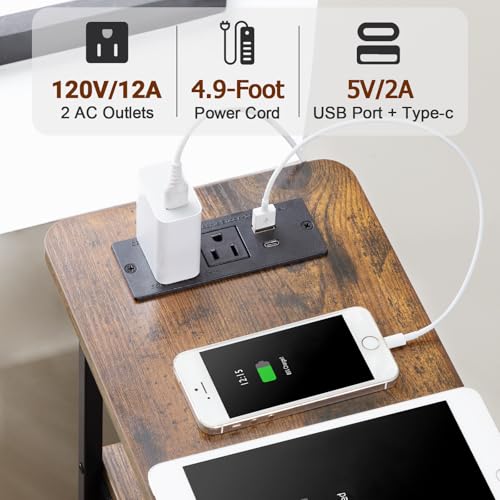 Narrow End Table with Charging Station, Small Nightstand | Skinny Side Tables Living Room with 3 Fabric Drawers, Bedside Table with LED Lights for Bedroom, Small Spaces, Rustic Brown - color: Rustic Brown + Black, size: 27.55''H (3 Drawers), style: Power