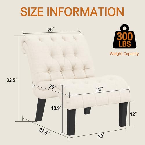 Mid Century Modern Accent Chair, Button Tufted Armless Lounge Chair, Upholstered Linen Side Chair with Solid Wood Legs for Bedroom, Living Room, Office - color: Cream, size: 1 Chair