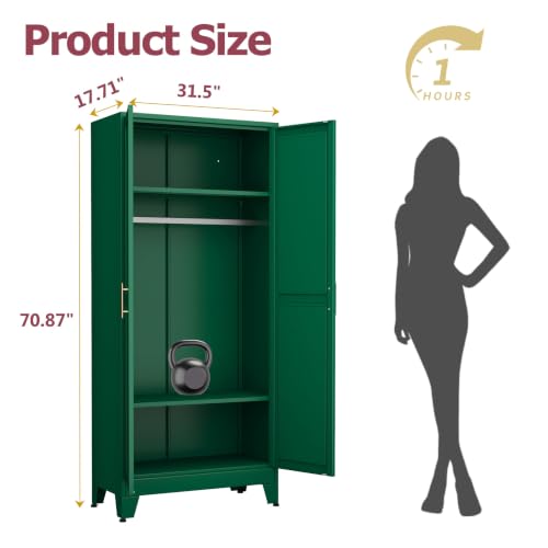 GAIOUS Metal Wardrobe Cabinet with Hanging Rod, Clothing Storage Cabinets | with 2 Doors and Adjustable Shelves, 71" Metal Green Armoire Wardrobe Closet for Bedroom, Laundry Room, Cloak Room - color: No Drawer Green, size: 17.71"D x 31.5"W x 71"H