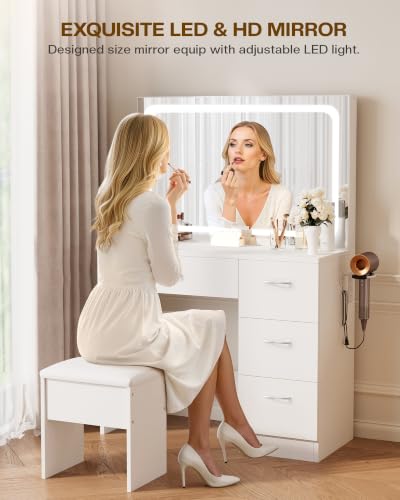 LIVELYGLOW 35.4" White Vanity Desk Set with Full-Width LED Mirror & Stool | 3 Lighting Modes, Charging Station, Cushioned Stool, 4 Drawers