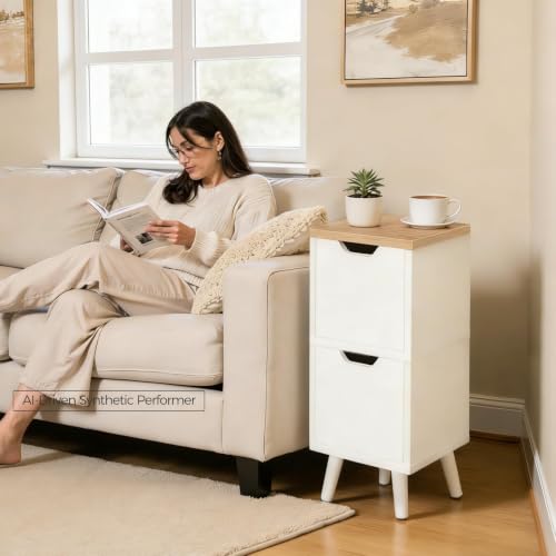 MAHANCRIS Narrow Nightstand with 2 Drawers, Skinny End Table, Modern Wooded Bedside Table, Slim Side Table for Small Spaces, White Night Stand for Bedroom, Solid Wood Feet, Natural ETNW3601