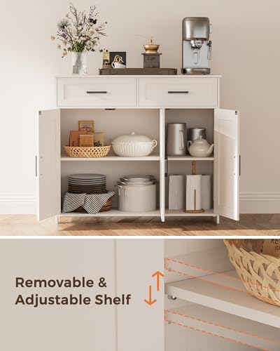 Homhedy Coffee Bar Storage Cabinet with Drawers, Kitchen Buffet Cabinet | Sideboard Cabinet with Doors, Farmhouse Buffet Cabinet, Adjustable Shelves, for Kitchen / Dining / Living Room, White - color: White
