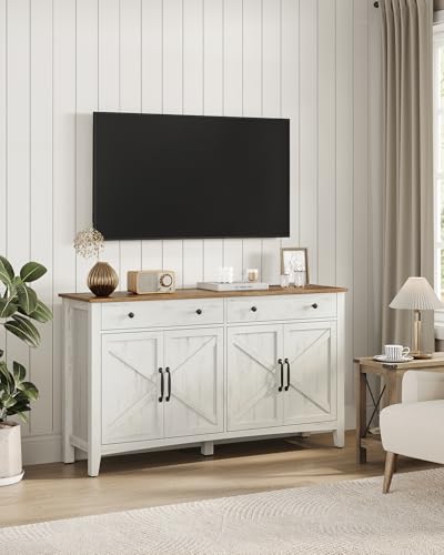 VASAGLE LIRY Collection - Buffet Cabinet, Coffee Bar Cabinet with 2 Drawers, Adjustable Shelves, Sideboard Storage with Cable Holes, Drawer Dividers, Rustic White and Honey Brown UBBK381WJ01S