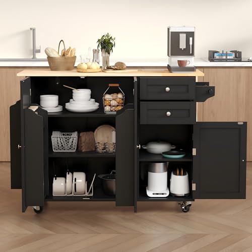 50.4" Kitchen Island with Drop Leaf & Power Outlet, Farmhouse Rolling Island Cart with 3 Spices Shelves on Wheels, Mobil Kitchen Island Table with Rubberwood Countertop Towel Rack, Black - color: Black, size: 3 Spice Shelves