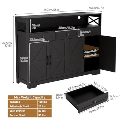 Lahomie 55" Sideboard Buffet Storage Cabinet, Coffee Bar Cabinet,Dark Brown | Coffee Bar Station with Power Outlet, Farmhouse Sideboard with 3 Drawers Adjustable Shelves Open Shelf, Kitchen, Living Room - color: Dark Brown, size: 55"W