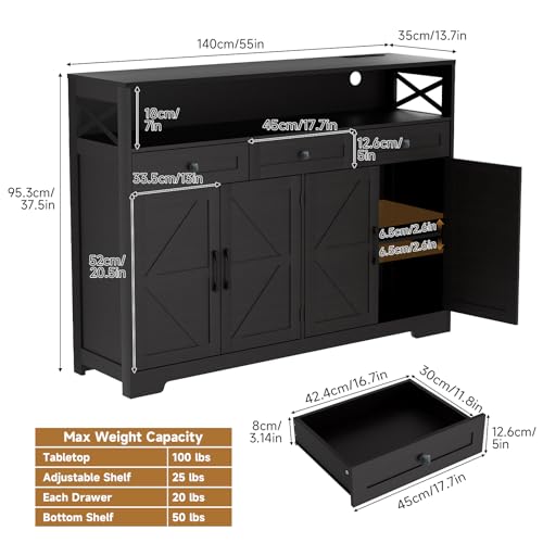 Lahomie 55" Sideboard Buffet Storage Cabinet, Coffee Bar Cabinet,Dark Brown | Coffee Bar Station with Power Outlet, Farmhouse Sideboard with 3 Drawers Adjustable Shelves Open Shelf, Kitchen, Living Room - color: Dark Brown, size: 55"W