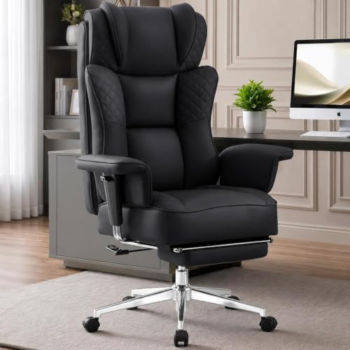 Office Desk Chair, High-Back Big and Tall Leather Chair with Footrest | Ergonomic Reclining Computer Chairs, Comfy Executive Wide Chair with Lumbar Support (Black) - color: Black