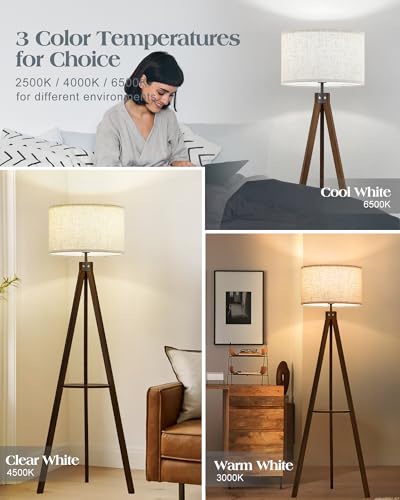 ELYONA Tripod Floor Lamp with Table, Mid Century Wood Shelf Standing Light Modern Tall Floor Lamp with Linen Shade for Living Room Bedroom Office,Dark Brown, 3 Color Temperatures LED Bulb Include - style: Country Rustic