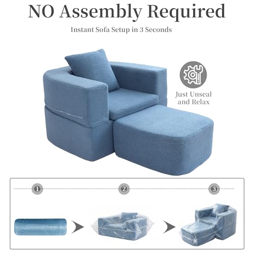 40" Pull Out Couch,2 in 1 Sleeper Sofa Bed,Convertible Sleeper Chair with Pillow Foldable Mattress with Back Support,Teddy Fleece,Blue - color: Blue