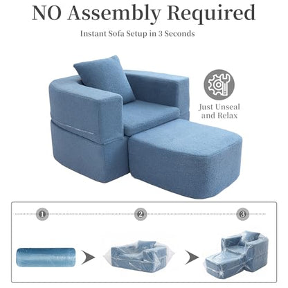40" Pull Out Couch,2 in 1 Sleeper Sofa Bed,Convertible Sleeper Chair with Pillow Foldable Mattress with Back Support,Teddy Fleece,Blue - color: Blue