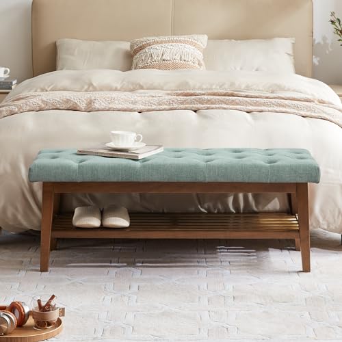 HUIMO Upholstered Entryway Shoe Bench, Button Tufted End of Bed Bench, Teal | with Solid Wood Slatted Shelf, Padded Ottoman Bench for Bedroom, Living Room, Entryway - color: Teal, style: French Country