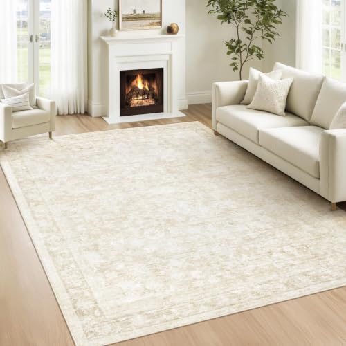 5x7 Area Rugs for Living Room: Washable Vintage Floral Rug Low Pile Non-Slip Boho Carpet for Bedroom Nursery Dining Room (Beige, 5'x7') - color: Beige, size: 5' x 7' (Rectangular)