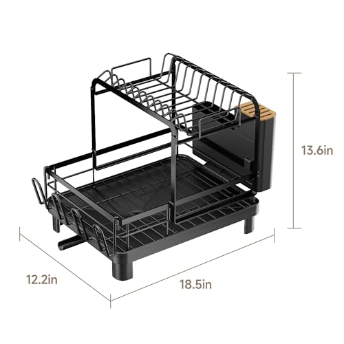 Runnatal 2-Tier Dish Drying Rack, Large Dish Drainers for Kitchen Counter | Anti-Rust Dish Rack with Drainboard, Utensil Holder, Extra Cup Holder, Black - color: Black, size: 2-Tier