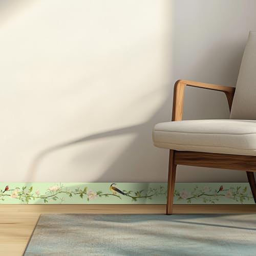HOMETITUTE Peel and Stick Wallpaper Border 4x196in Bird Blossom Pattern | Bird Blossom Branch wall trim, botanical look, ceiling edge, door frame, mirror border, for smooth indoor surfaces - color: Wall border decoration#15