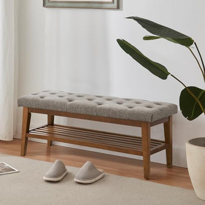 HUIMO Upholstered Entryway Shoe Bench, Button Tufted End of Bed Bench,Brown | with Solid Wood Slatted Shelf, Padded Ottoman Bench for Bedroom, Living Room, Entryway - color: Brown, style: French Country