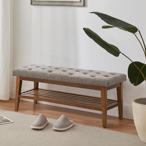 HUIMO Upholstered Entryway Shoe Bench, Button Tufted End of Bed Bench,Brown | with Solid Wood Slatted Shelf, Padded Ottoman Bench for Bedroom, Living Room, Entryway - color: Brown, style: French Country
