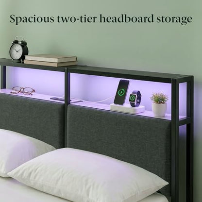 Zinus Michael Upholstered Platform Bed Frame, Four Underbed Drawers, Queen | Space-Saving Two-Tier Headboard Storage, Mood Setting RGB LED Lights, Built-in USB Charging Station, Ambient Night Light - size: Queen
