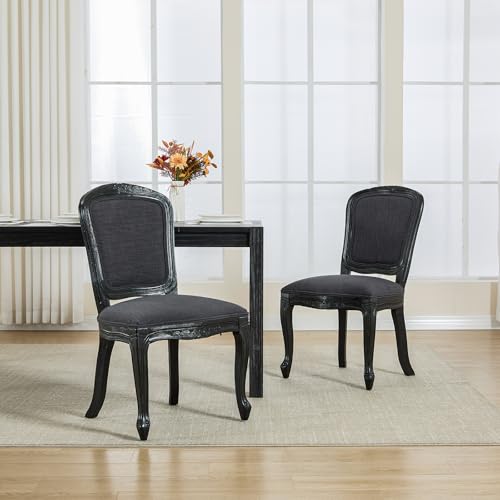 Kmax French Dining Chairs Set of 2, Farbric Upholstered Dining Chairs with Elegant Curved Legs High Back Armless Kitchen Chairs Side Chairs for Dining Room Restaurant - Linen, Charcoal/Black Legs - color: Fan-back/Charcoal Seat/Black Leg, size: 2 Chairs