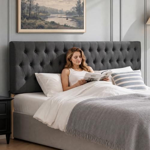 Tufted Upholstered Queen Size Bed Headboard in Modern Button Design, Adjustable Solid Wood Head Board, Premium Linen Fabric Padded Headboards in Bedroom (Dark Grey) - color: Dark Grey, size: Queen