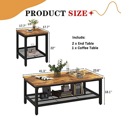 3 Pieces Living Room Table Set, Industrial Coffee Table with 2 Square End Side Tables, Coffee Table Set with Metal Frame for Apartment Home Office, Rustic Brown - color: Rustic Brown