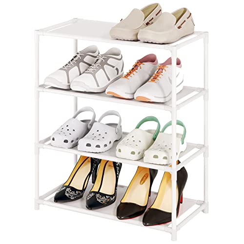 Small Shoe Rack 6-8 Pairs Sturdy Shoe Shelf 4-Tiers Narrow Stackable Shoe Organizer,Lightweight Kids Shoe Racks for Entryway, Doorway and Closet(White) - size: 4-White
