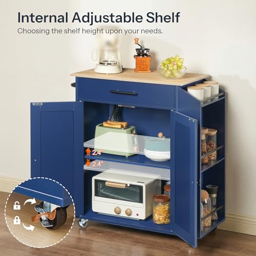 HOOBRO Kitchen Island with Power Outlet, Kitchen Storage Island with Spice Rack and Drawer, Rolling Kitchen on Wheels, for Home, Dining Room, Natural and Blue UN82UZD01G1 - color: Natural + Blue