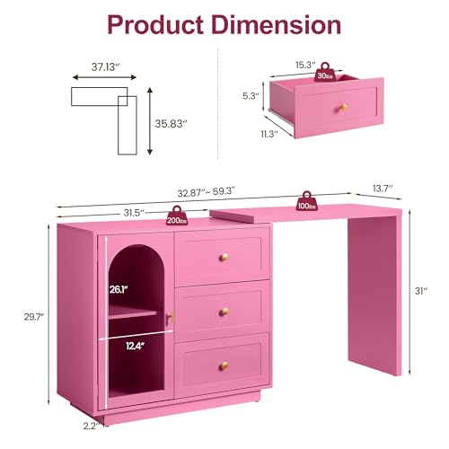 RoyalCraft 59" Makeup Vanity Desk, Pink Vanity Dresser for Girls and Women | Modern Dressing Table with 3 Drawers & 1 Door, Vanity for Bedroom, L Sharped Corner Table No Mirror - color: Pink