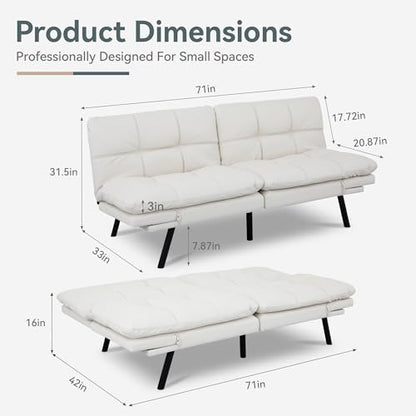 Futon Sofa Bed Convertible Couch, White Faux Leather Sofa Bed | Adjustable Backrest & Armrests, Multifunctional Small Loveseat Sleeper Sofa for Living Room, Apartment, Office, Foam Couch - color: A7 | White