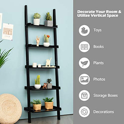 Tangkula 5-Tier Ladder Shelf, Wall-Leaning Bookshelf w/Open Shelves, Plant Flower Stand, Storage Display Organizer Rack, Multifunctional Bookcase for Living Room Home Office (Black) - color: Black