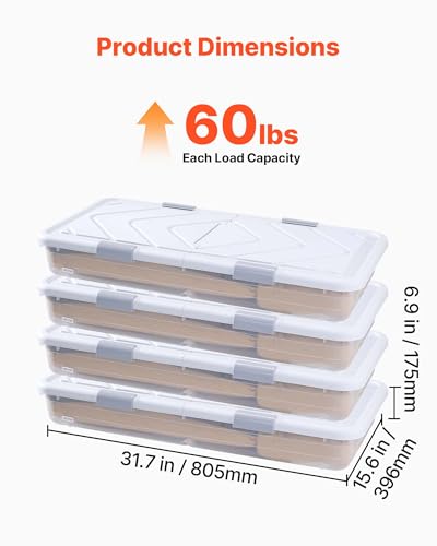 VEVOR Under Bed Storage with Wheels, 31.7 x 15.6 x 6.9 inch Underbed Containers, Underbed Shoes Organizer with Lid & Gray Latch, Rolling Under the Bed Storage Bins for Clothes Shoes Blankets, 4 Pack