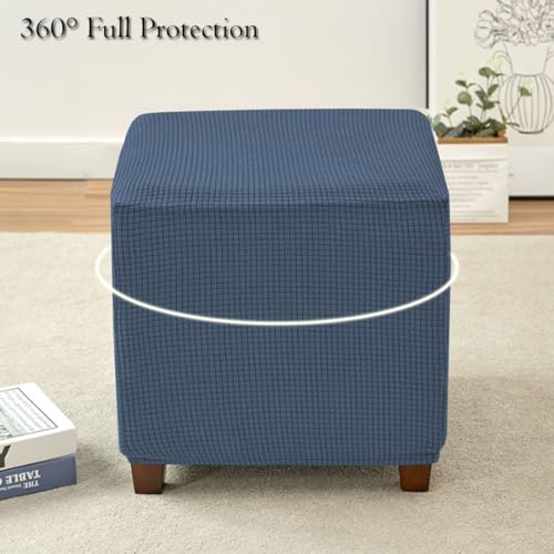 Ottoman Cover Square Storage Ottoman Slipcover Jacquard Stretch Footrest Stool Covers with Elastic Band Cube Storage Stool Ottoman Covers Footstool Sliocovers Protection Navy - color: Navy