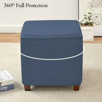 Ottoman Cover Square Storage Ottoman Slipcover Jacquard Stretch Footrest Stool Covers with Elastic Band Cube Storage Stool Ottoman Covers Footstool Sliocovers Protection Navy - color: Navy