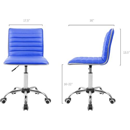 JUMMICO Armless Vanity Office Chair with Wheels, Small Cute Makeup Desk Chair Ribbed Leather Swivel Computer Task Chair (Blue) - color: Blue