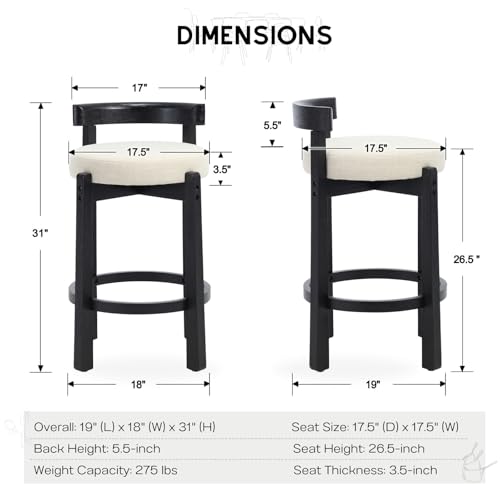 HEAH-YO Mid Century Modern Bar Stools Set of 2, 26.5" Counter Stools with Low Back, Linen Upholstered Barstools with Black Wood Legs Bar Chairs for Kitchen Island Dining Room, Beige - color: 26.5" Beige Linen Black Wood, size: Counter Height - Set of 2