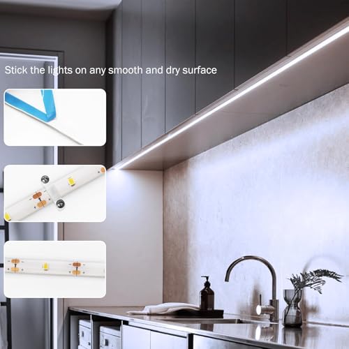 2 Pack Battery Powered LED Strip Lights 9.8Ft for Kitchen (Cool White) | 90 LED High Brightness LED Strip Lights, Cuttable Under Counter Click Light Wireless for Bedroom Cabinet Closet Shelves - color: Cool White
