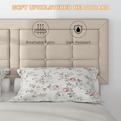 VECELO Full Size Bed Frame, Adjustable Upholstered Button Tufted Headboard, Heavy-Duty Bedframe with Wood Slats Support, No Box Spring Needed, Beige - color: Beige, size: Full, style: Bed Frame