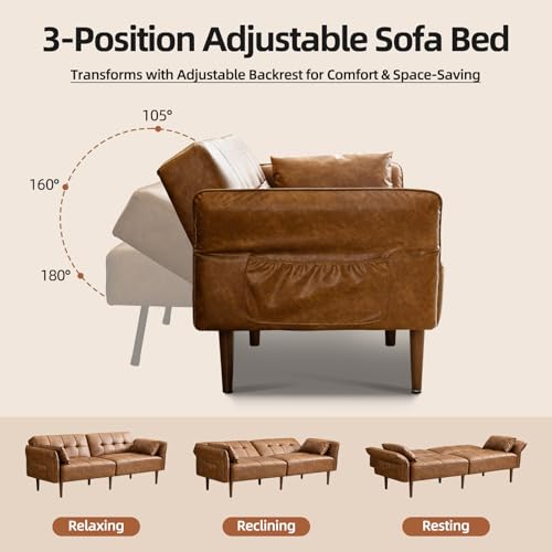 HALLYBEE 85" Futon Faux Leather Couch with Adjustable Armrests Brown | Futon Sofa Bed, Sleeper Sofa, Small Couch with Pillows, Side Pockets, Mid Century Modern, Living Room, Bedroom, Apartment - color: Brown