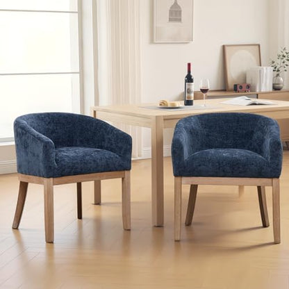 Modern Upholstered Barrel Dining Chair Set of 2, Natural Hardwood Frame, Farmhouse Linen Chairs for Dining Room, Kitchen, Office (Blue) - color: Blue, size: Set of 2