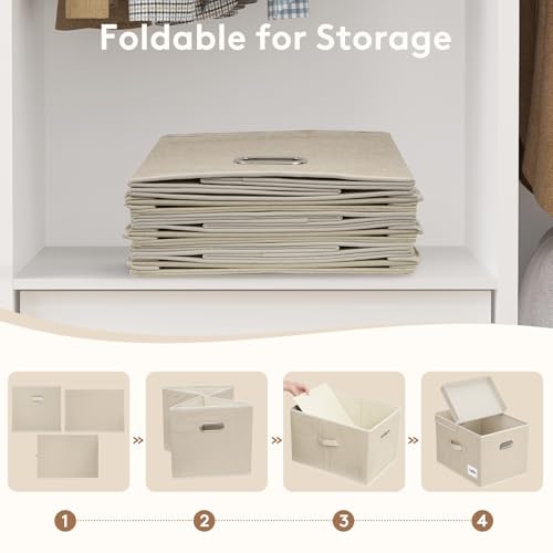 Lifewit Fabric Foldable Storage Bins with Lids and Handles,34.5L,3 Pack | Foldable, stackable clothes storage boxes with handles for decorative closet organization in bedrooms, offices,Beige