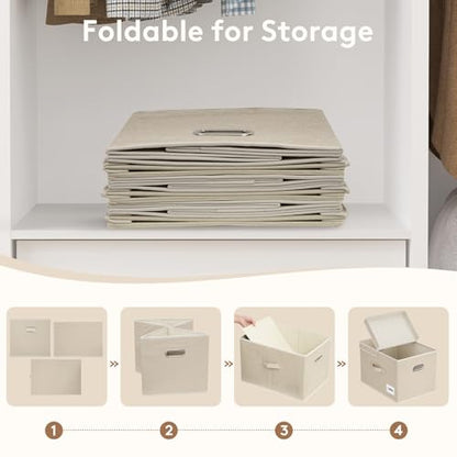 Lifewit Fabric Foldable Storage Bins with Lids and Handles,34.5L,3 Pack | Foldable, stackable clothes storage boxes with handles for decorative closet organization in bedrooms, offices,Beige