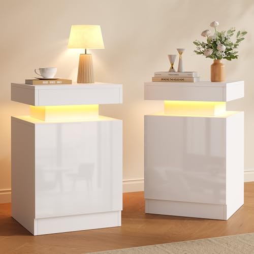 Nightstands Set 2, 15 Inches LED Night Stand Set of 2, Modern Bedside Table with LED Lights, High Gloss Surface, End Table with Storage for Bedroom, White - color: White-15"