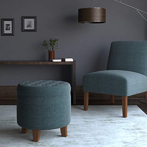 HomePop by Kinfine Fabric Upholstered Round Storage Ottoman - Velvet Button Tufted Ottoman with Removable Lid, Indigo Blue Woven - color: Indigo Blue Woven