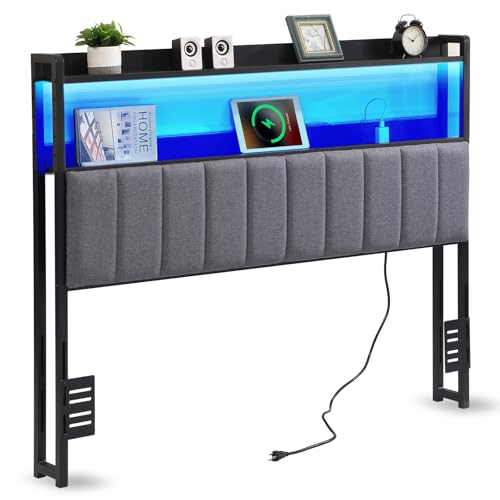Upholstered Full Headboard with Storage and USB (Full) | bedroom dorm apartment, soft vertical panel, adjustable height, LED Light, bed frame adapters, full size headboard only - size: Full