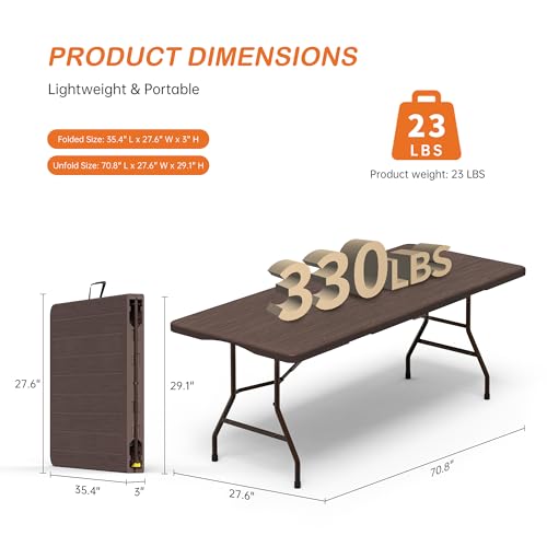 VSOAEIL 6 Foot Folding Table 2 Pack, 6 FT Foldable Plastic Table Heavy Duty | 6 Feet Portable Fold-in-Half Utility Folding Table with Handle for Picnic, Party, Dining, Camping, Indoor & Outdoor, Brown - color: Brown, size: 6 FT - 2 PACK
