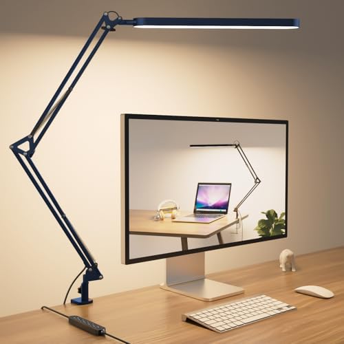 Desk Lamp - LED Desk Light - 5 Color Modes X 11 Brightness Levels - Adjustable Swing Arm - Timmer & Memory Function - 12W Lamp for Desk - Blue - style: Blue swing arm