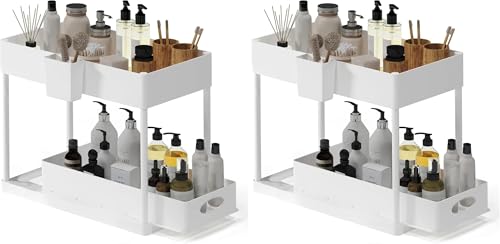Under Sink Organizers and Storage, Bathroom Cabinet Organizer, Sink Shelf with Utility Hooks and Side Caddy for Under Cabinet Storage | Under Kitchen Sink Organizer with Sliding Drawer, White (2-Pack) - color: לבן, size: Pull-Out - 2 Pack