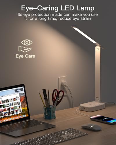 One Beat Small LED Desk Lamp Power Strip 5ft Extension Cord with 3 Outlets 4 USB Ports(2 USB C), 4 Modes, 5 Level Touch Lamp Study Reading Light, Home Office Bedroom College Dorm Room Essentials,White | One Beat 4 Modes 5 Level Brightness Touch Lamp, Smal